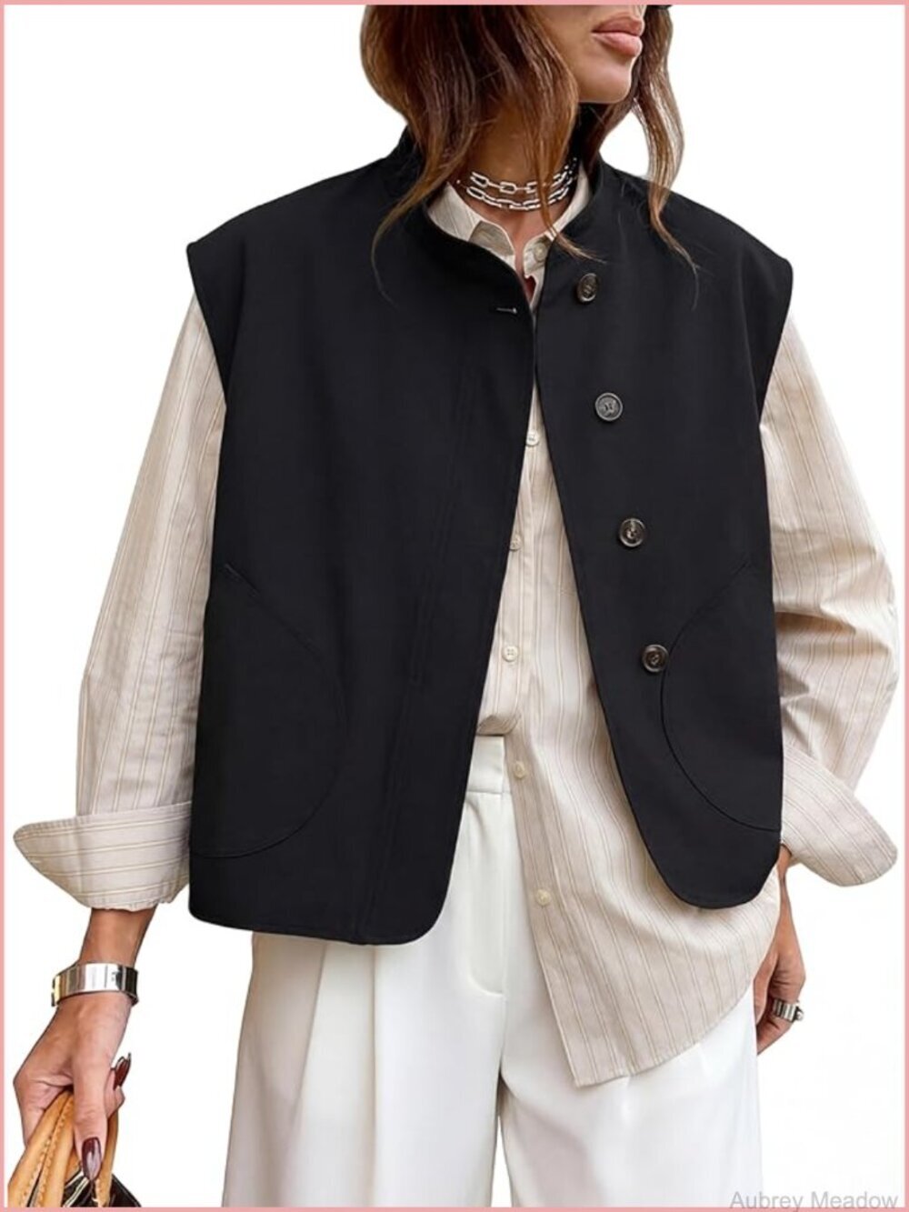 Women's Stand Collar Cotton Vest Casual Button Up Oversized Sleeveless
